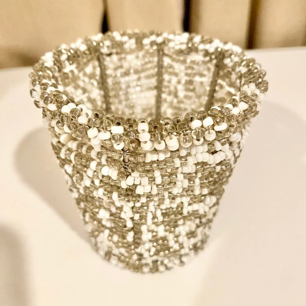 Vintage Glass Beaded Votive‎ Candle or Tea Light Holder with Seed Beading, 3